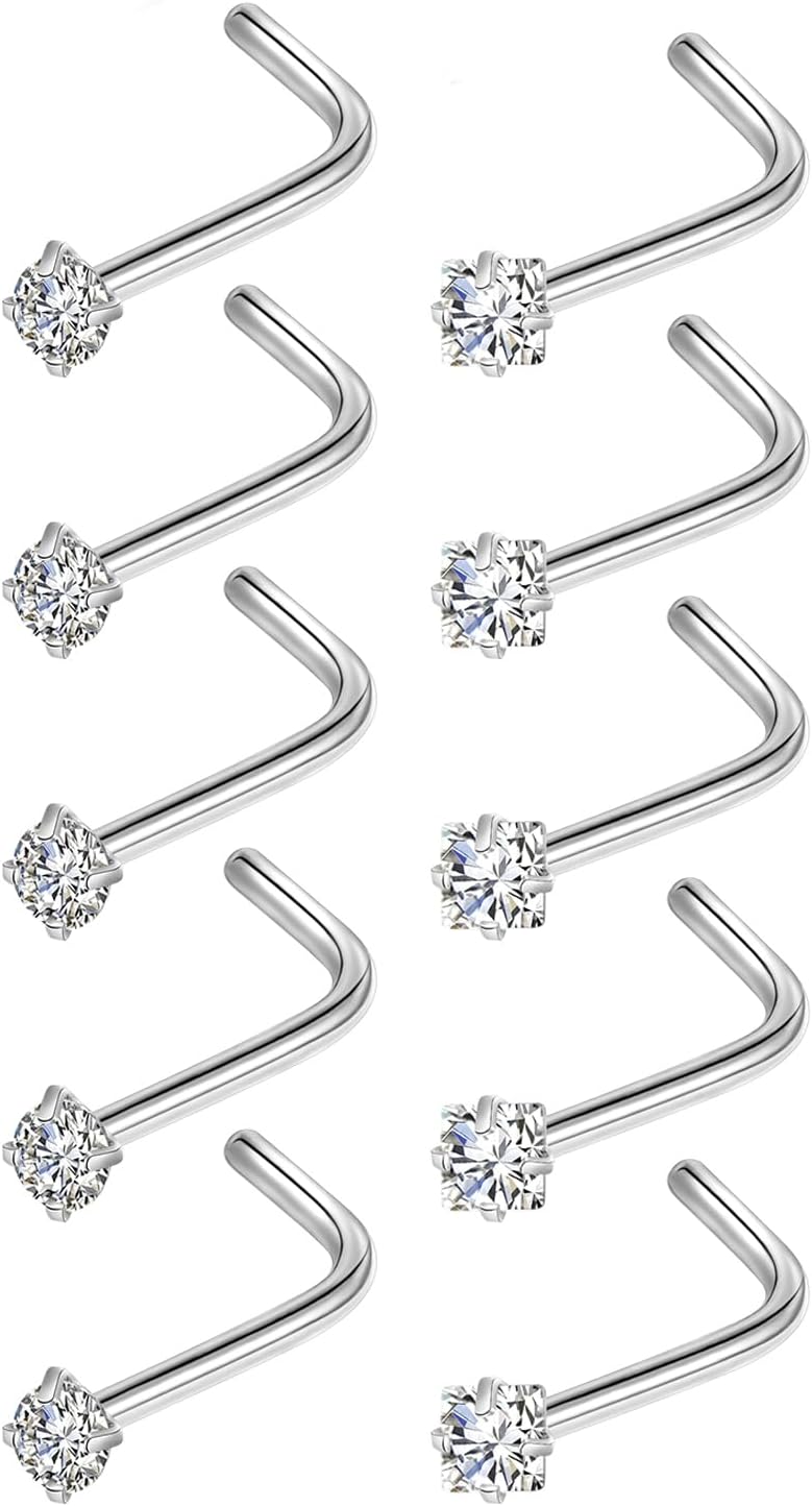 XoCiuKe 10Pcs 20G Nose Rings Studs for Women Corkscrew Sliver Nose Studs Hypoallergenic Nose Rings 316L Surgical Stainless Steel Nose Nostril Percing Jewely for Women Men Round Square CZ Imitation Diamond 1.5mm/2.0mm/2.5mm/3.0mm - Image 1